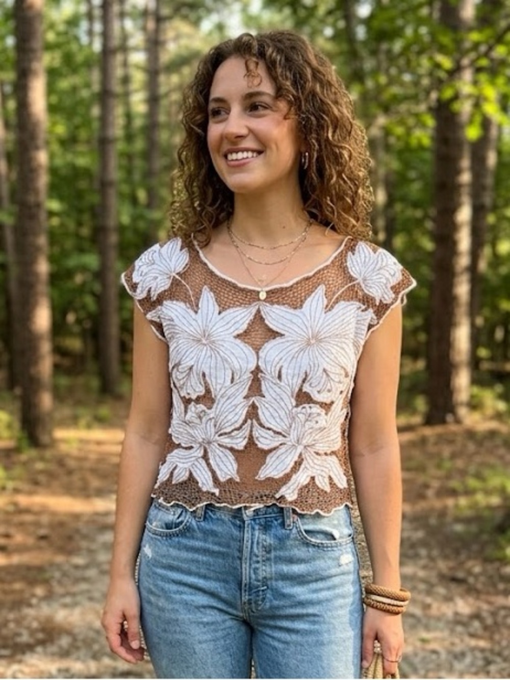 Surya Vintage Crochet Floral Overlay Cap-Sleeve Top in Brown and White Bali